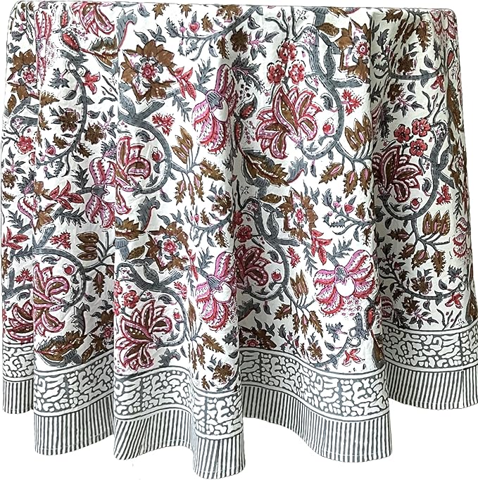 ATOSII Eden Multicolor 100% Cotton Round Tablecloth, Handblock Print Floral Table Cloth for Kitchen Dining Linen I Parties, Weddings, Outdoors, Holidays I Fall Home Decor 60" Inches Round