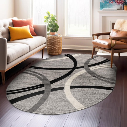Rugshop Wavy Circles Design Oval Rug, Non-Shedding Carpet for Living Room, Dining Room, or Bedroom, Gray, 5' x 7' Oval