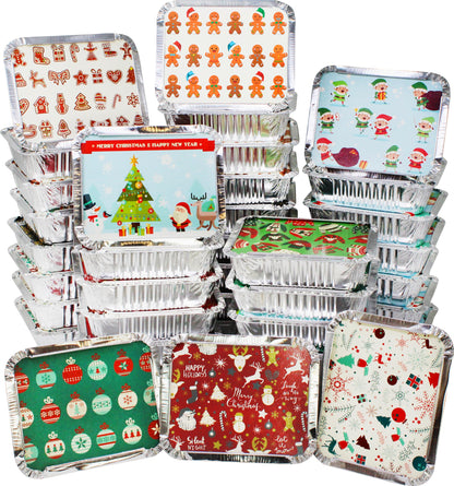 JOYIN 48 Pcs Christmas Cookie Tins with Lids for Gift Giving, Rectangular Treat Foil Containers, Disposable Food Storage Pan for Holiday Leftovers Goodie Container or Cookie Exchange