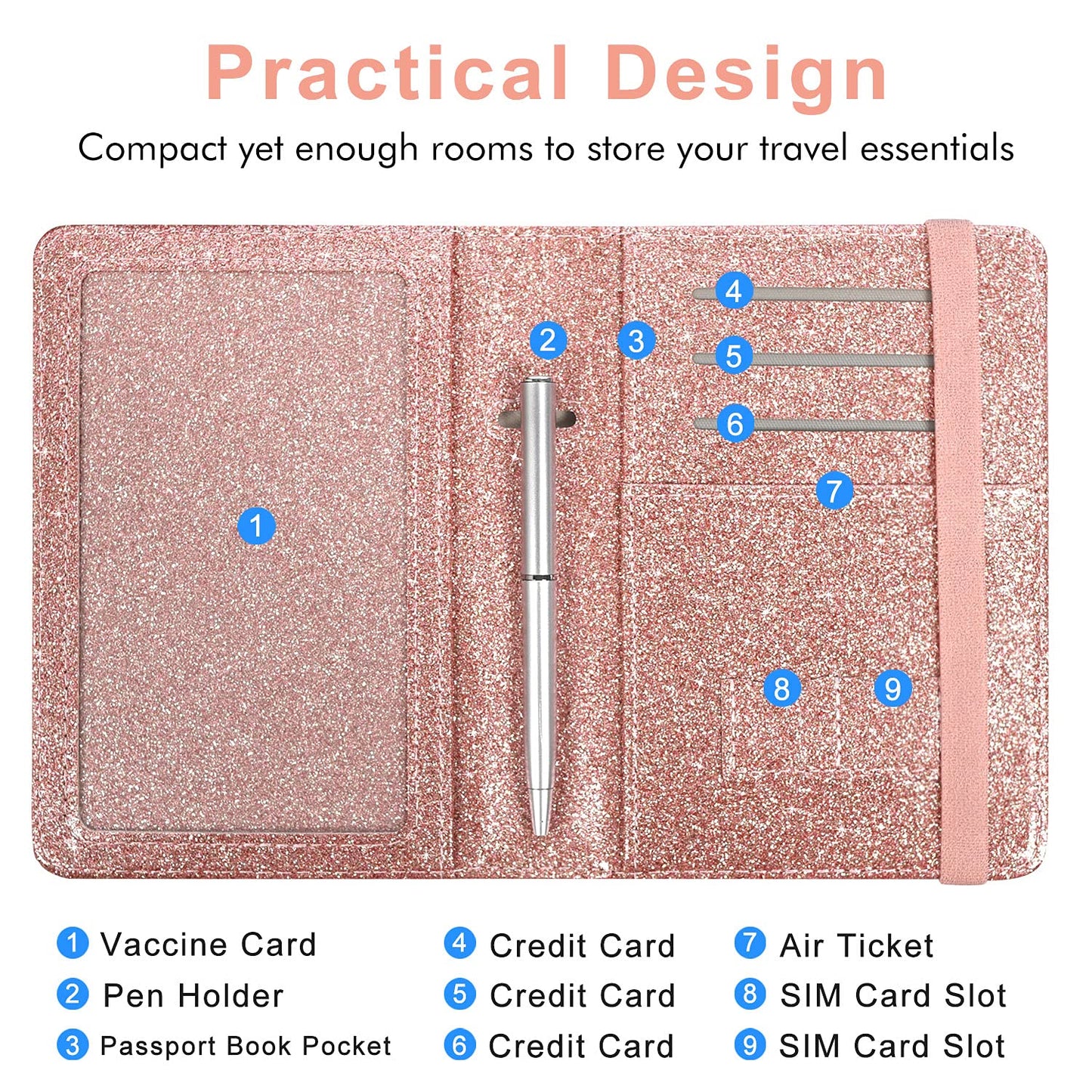 Caweet Passport Holder and Vaccine Card Holder Combo RFID Blocking Leather Vaccination Card Wallet with Elastic Band Closure, Glitter Rose Gold