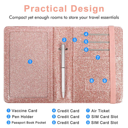 Caweet Passport Holder and Vaccine Card Holder Combo RFID Blocking Leather Vaccination Card Wallet with Elastic Band Closure, Glitter Rose Gold
