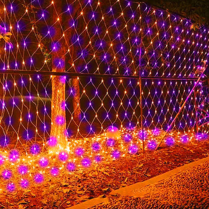 Dazzle Bright Halloween 200 LED Net Lights, 9.8 FT x 6.6 FT Connectable Mesh Lights with 8 Lighting Modes, Halloween Decorations for Indoor Outdoor Bush Yard Garden Decor (Purple & Orange)
