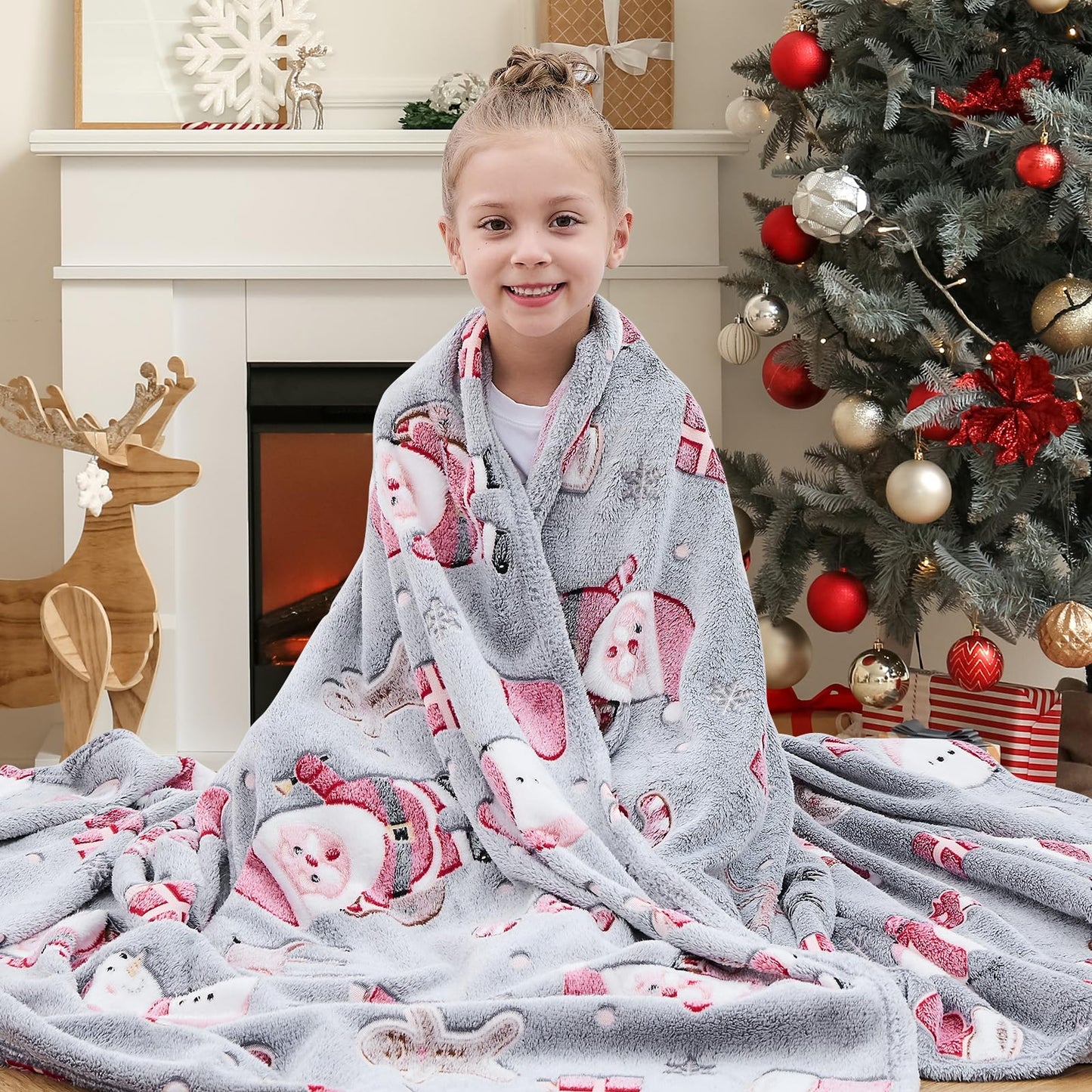 inhand Christmas Blanket,Glow in The Dark Blanket for Kids/Girls/Boys/Toddler Soft Flannel Red Santa Claus Gingerbread Candy Canes Christmas Throw Blankets for Age 3 4 5 6 7 8 9 10 11 12 13 Year Old