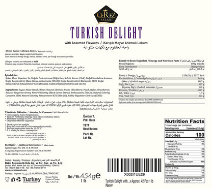 Cerez Pazari Turkish Delight Candy With Assorted Flavors, Gourmet Medium Size Snacks Gift Box, Sweet Luxury Traditional Confectionery Loukoumi, Vegan Lokum, Approx. No Nuts, 42 Pcs, 16 oz.