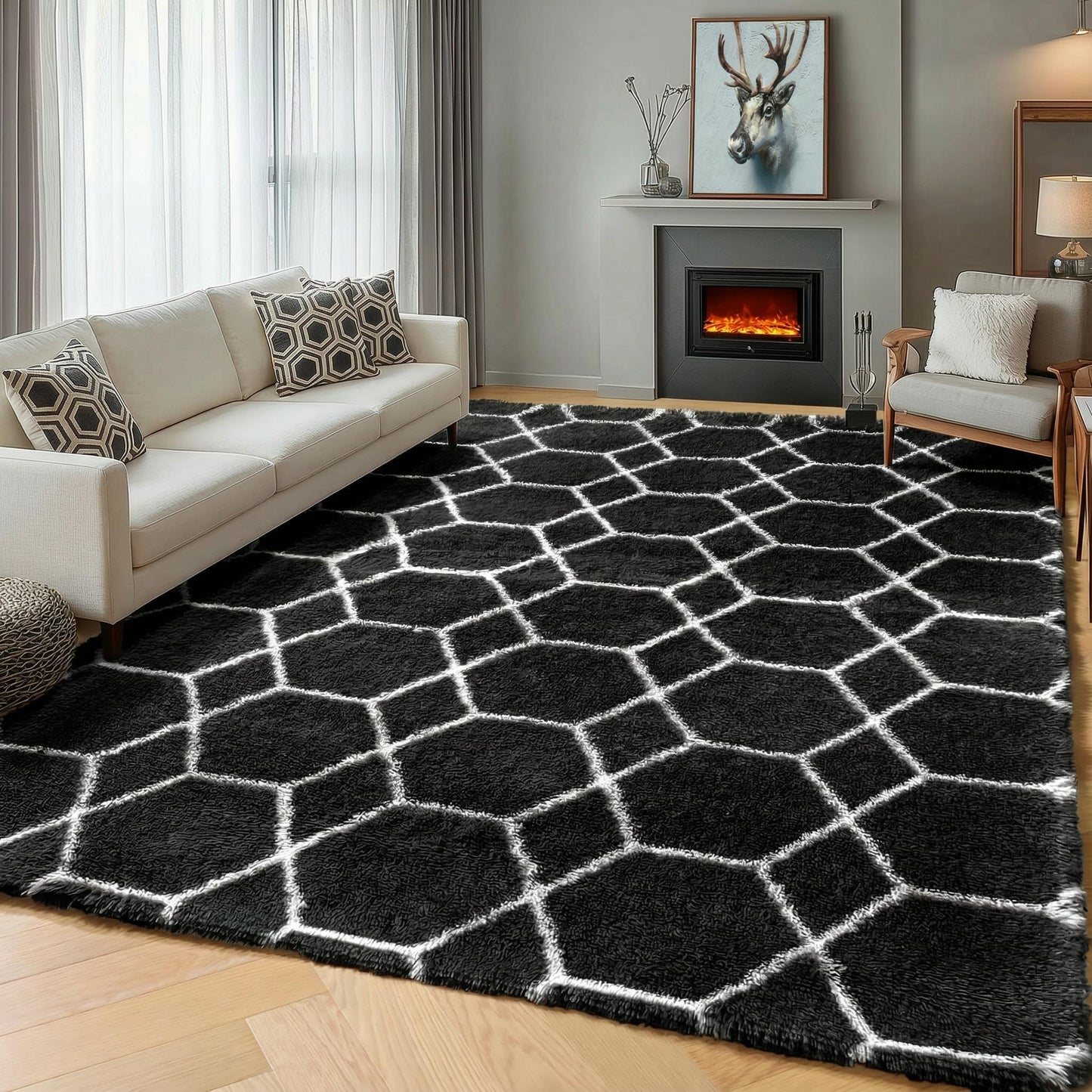 ONASAR 5x7 Area Rugs for Living Room Bedroom, Fluffy Black and White Rug, Geometric Boho Soft Plush Shaggy Floor Carpet Mat for Nursery Kids Girls Boys Teen Dorm Home Decor Aesthetic