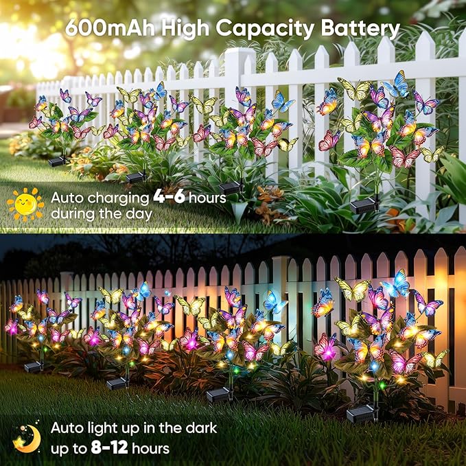 Solar Lights Outdoor Garden Decor: Gardening Gifts for Women Mom - 2 Pack 34 Butterfly Solar Lights with Colorful Bulbs - Outside Waterproof Christmas Decorations for Yard Patio Pathway Porch Lawn