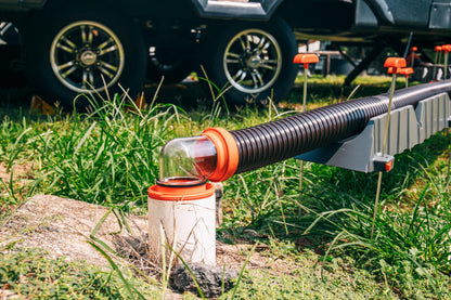 Camco RhinoFLEX 20-Ft Camper/RV Sewer Hose Kit - Features Clear Elbow Fitting w/Removable 4-in-1 Adapter - Connects to 3” Slip or 3”/3.5”/4” NPT Threaded Sewer Connection (39741)