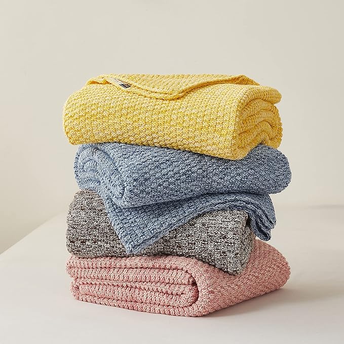 Longhui bedding Bright Yellow Knitted Throw Blanket for Couch, Soft, Cozy Machine Washable 100% Cotton Sofa Knit Blankets, Heavy 3.0lb Weight, 51 x 63 Inches, Yellow and White Color