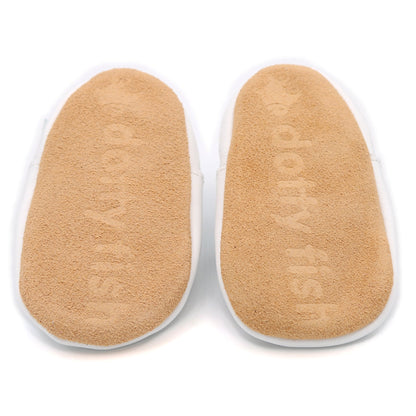 Dotty Fish Girls Soft Leather Baby and Kids Barefoot Shoes. Non-Slip Suede Soles. Elasticated Ankles, Podiatry Approved, Breathable, Lightweight & Flexible - White & Pink Hearts 12-18 Months