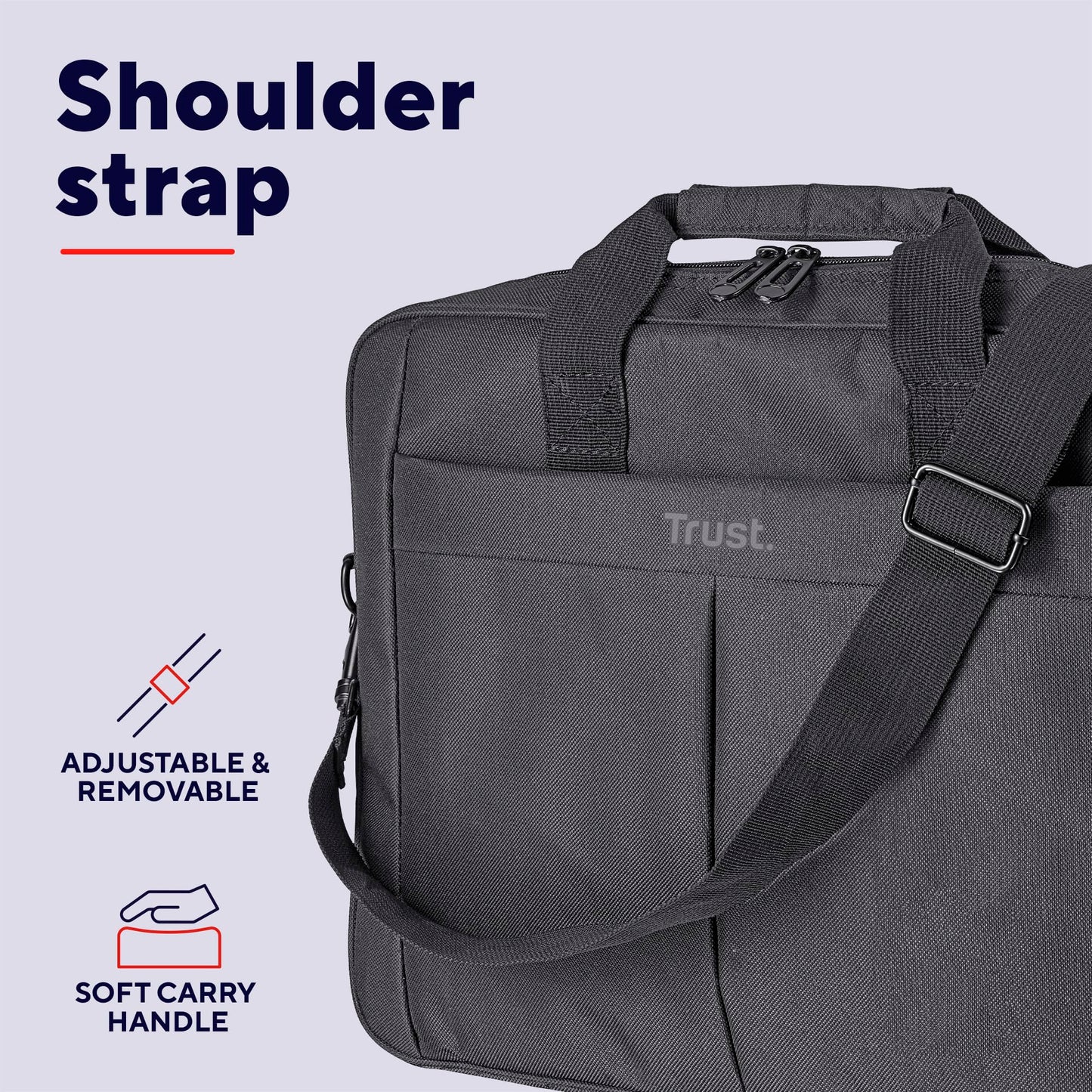 Trust Primo Laptop Bag 16 Inch, Work Bag with Padded Interior, Adjustable Shoulder Strap, Dual Metal Zippers, Messenger Bag for Business, Notebooks, Macbook - Black