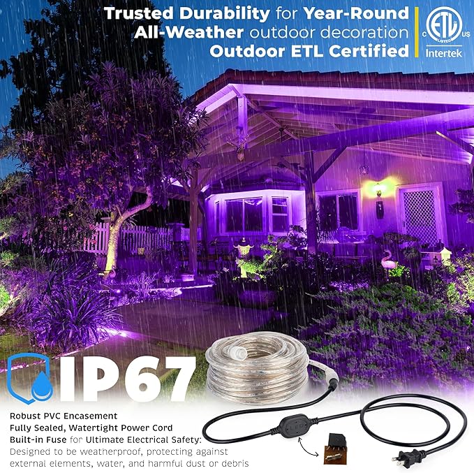WYZworks 1656LEDs 150ft LED Outside Rope Lights, Outdoor ETL Certified Waterproof Permanent 360 Degree Light Emitting, Flexible Tube, Connectable, Christmas Palm Tree Exterior Landscape, Purple