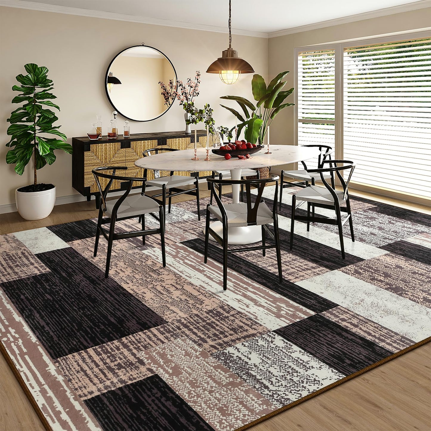 Large Area Rugs,Modern Geometric Patchwork Floor Decor for Bedroom Aesthetic Carpet, Rockwood Collection, Indoor Rugs for Living Room Dining Room Nursery Office Machine Washable Rug, 4x6 Ft Chocolate