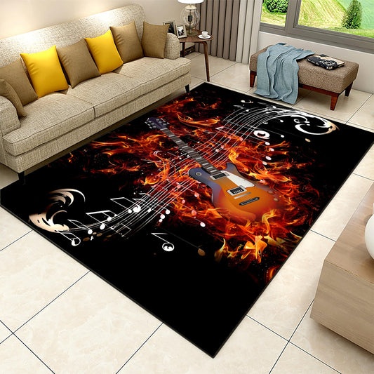 Gold Burning Guitar Area Rug, 5x7ft, Musical Note Flame Guitar Rugs for Indoor, Low Pile Soft Non-Shedding Carpet, Washable Easy Clean Breathable Playing Mat for Dining Table Bedroom