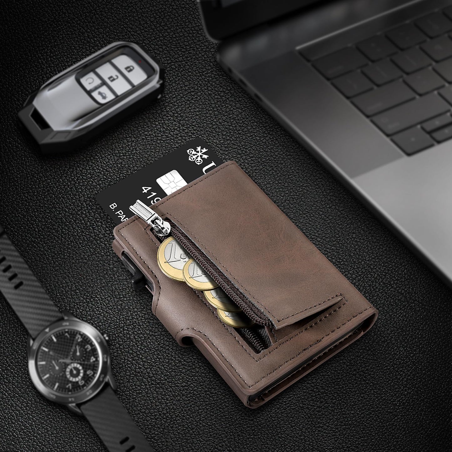 TENBST Slim Wallet with Coin Compartment, Men's RFID Protection, Faux Leather Wallet Men, Automatic Pop-Up Credit Card Case, Brown, Classic, brown, 10cm*7cm*2.1cm, Minimalist