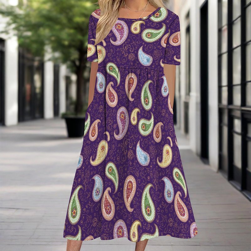 Medlor Womens Midi Dresses Casual Short Sleeves Scoop Neck Floral Print Flowy Beach Vacation Trendy Dress with Pocket for 2025 Summer
