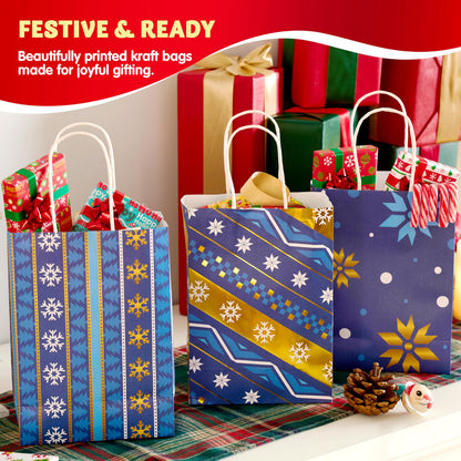 JOYIN 24 PCS Christmas Kraft Gift Bags Xmas Holiday Present Wrapping Paper Goody Bags with Handles for Classrooms and Wedding Decor, Party Favors and Decor Supplies (Blue, 8.27" x 5.91" x 3.15")
