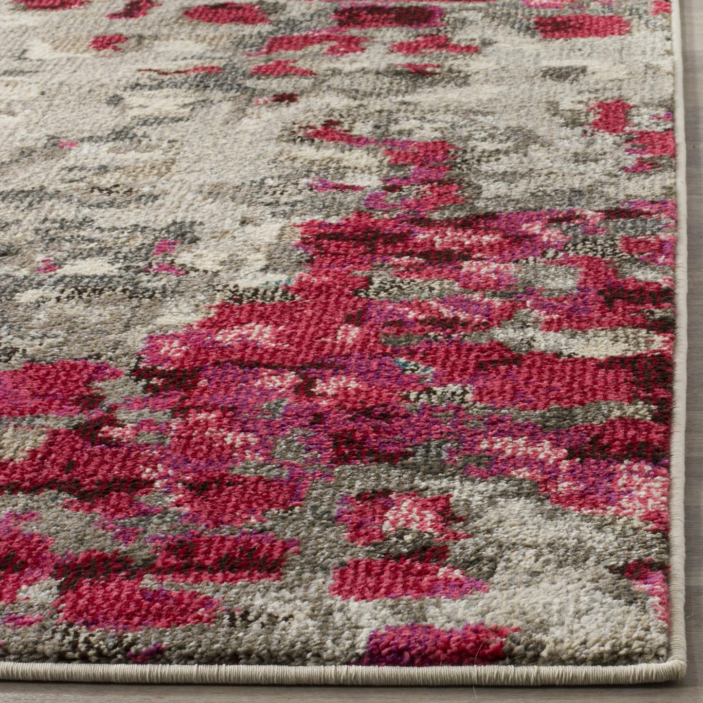 SAFAVIEH Monaco Collection Area Rug - 6'7" x 9'2", Grey & Fuchsia, Boho Chic Abstract Watercolor Design, Non-Shedding & Easy Care, Ideal for High Traffic Areas in Living Room, Bedroom (MNC225R)
