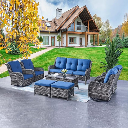 Rilyson Wicker Patio Furniture Set - 8 Piece Rattan Outdoor Sectional Conversation Sets with 4 Swivel Rocking Chairs,2 Ottomans,1 Sofa and 1 Coffee Table for Porch Deck Garden(Mixed Grey/Blue)