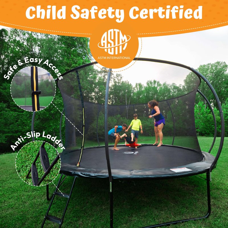 JUMPZYLLA Trampoline Outdoor 8FT 10FT 12FT 14FT 15FT 16FT with Enclosure and Ladder, ASTM Approved Recreational Trampoline for Kids and Adults, Anti-Rust Coated Frame (Yellow, 15FT)