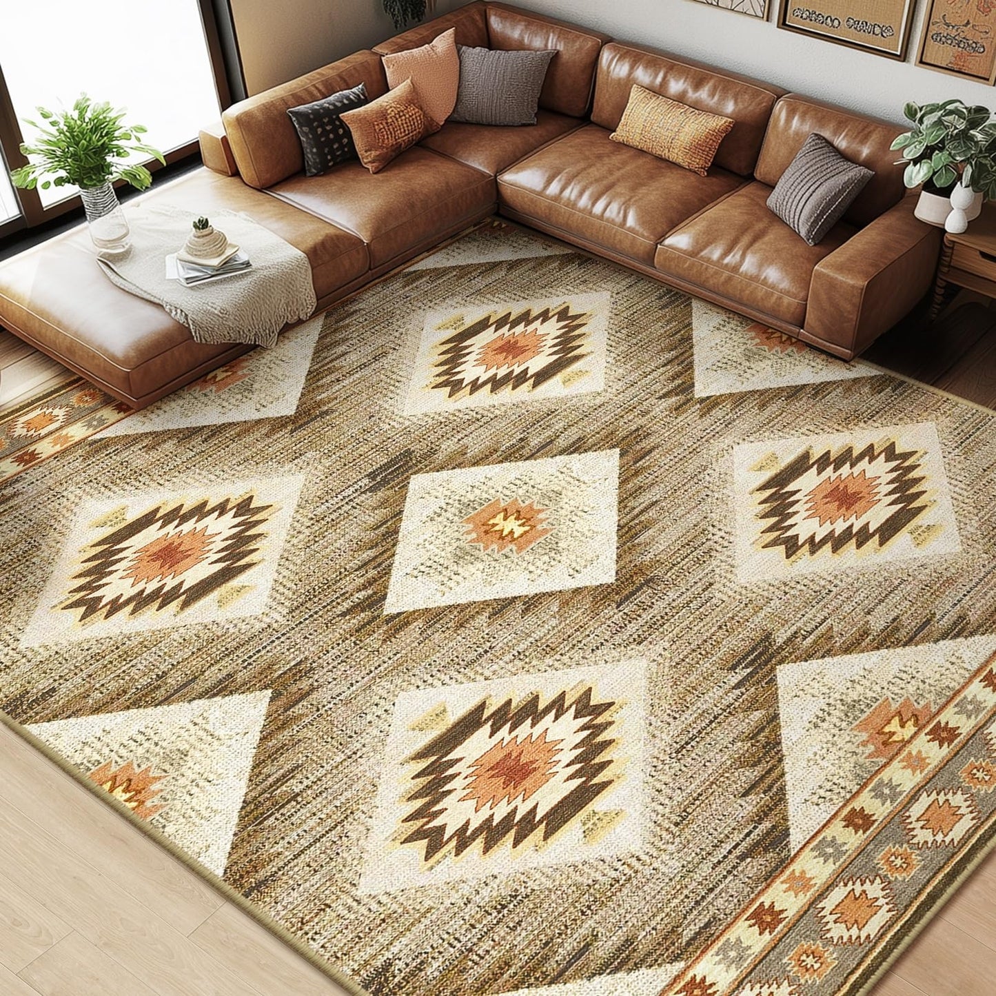 Area Rug 8x10 Rug Machine Washable Non-Slip Low Pile Print Pattern Western Rug for Living Room Bedroom Entryway Tribal Series -Cream/Camel