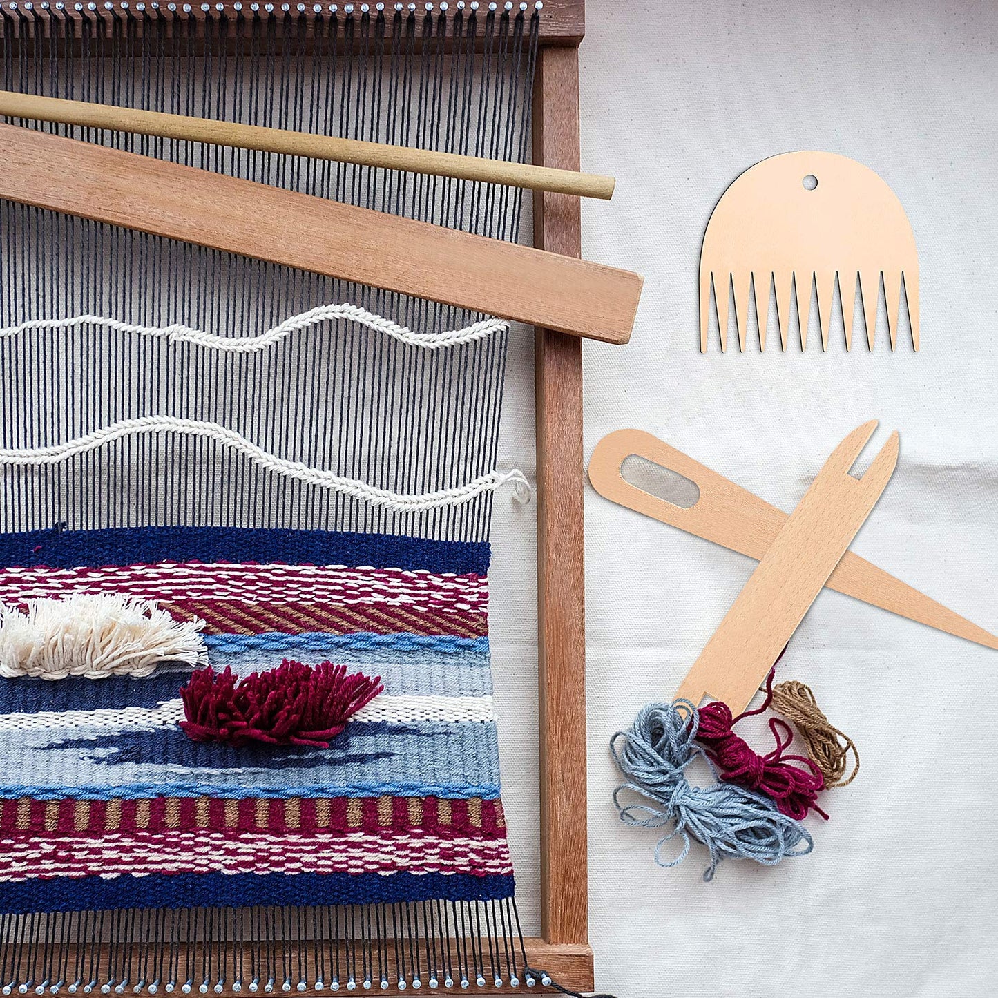 7 Piece Wood Hand Loom Stick Set - Include 5 Wooden Weaving Needles, Shuttles, Stick & Comb for Knitted Crafts DIY