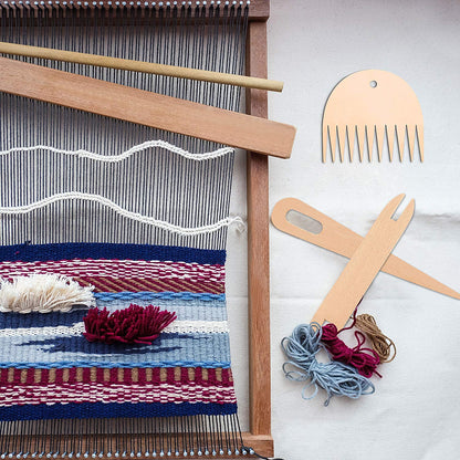 7 Piece Wood Hand Loom Stick Set - Include 5 Wooden Weaving Needles, Shuttles, Stick & Comb for Knitted Crafts DIY