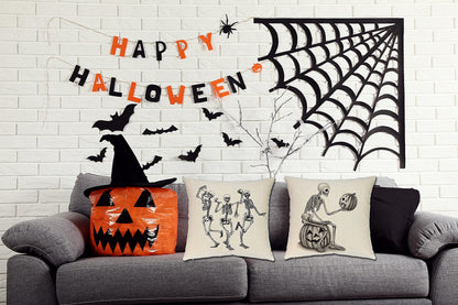 Ueerdand Halloween Pillow Covers Skeleton Skull Pumpkin Throw Pillowcases Set of 4 Cotton Linen Pillow Cushion Cover for Halloween Decorations, 18 by 18 Inch