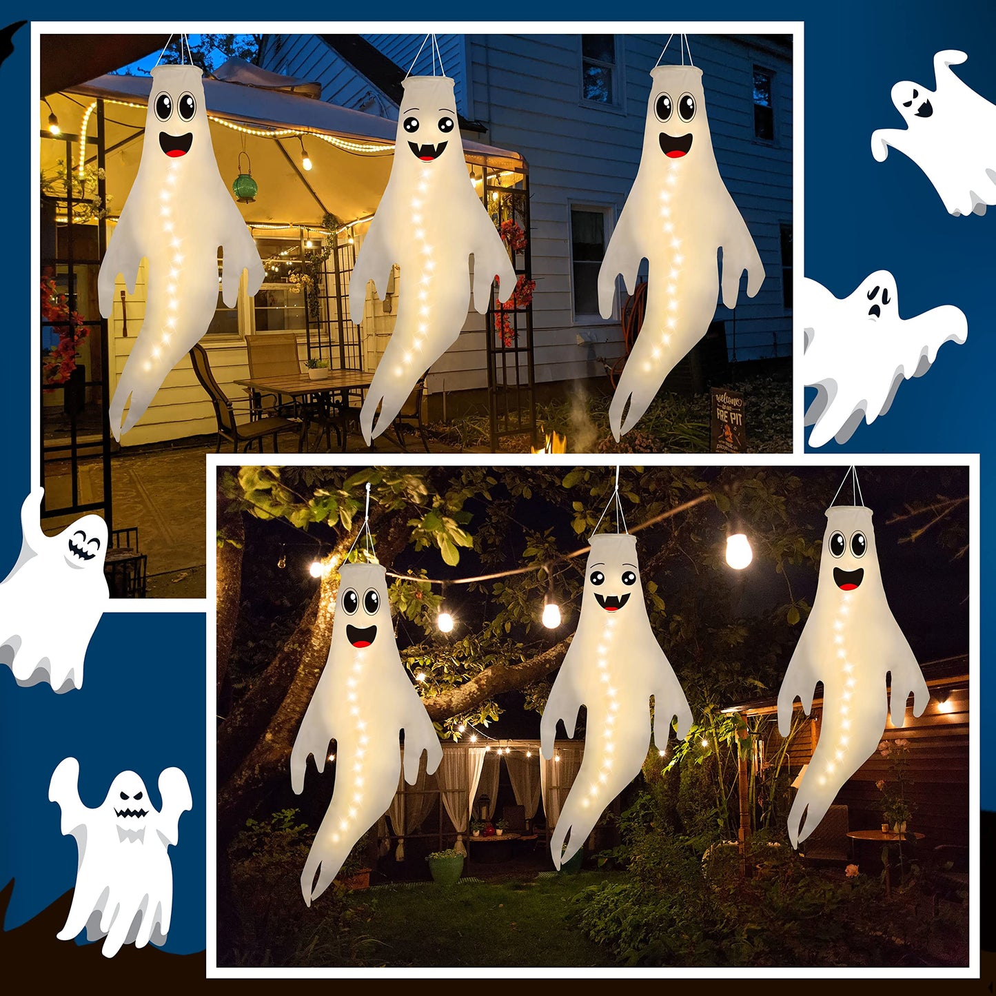 3PCS 43 Inch Halloween Ghost Windsocks Hanging Decorations - Flag Wind Socks for Home Yard Outdoor Decor Party Supplies (Batteries Not Included,No Timer)