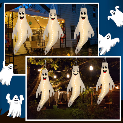 3PCS 43 Inch Halloween Ghost Windsocks Hanging Decorations - Flag Wind Socks for Home Yard Outdoor Decor Party Supplies (Batteries Not Included,No Timer)