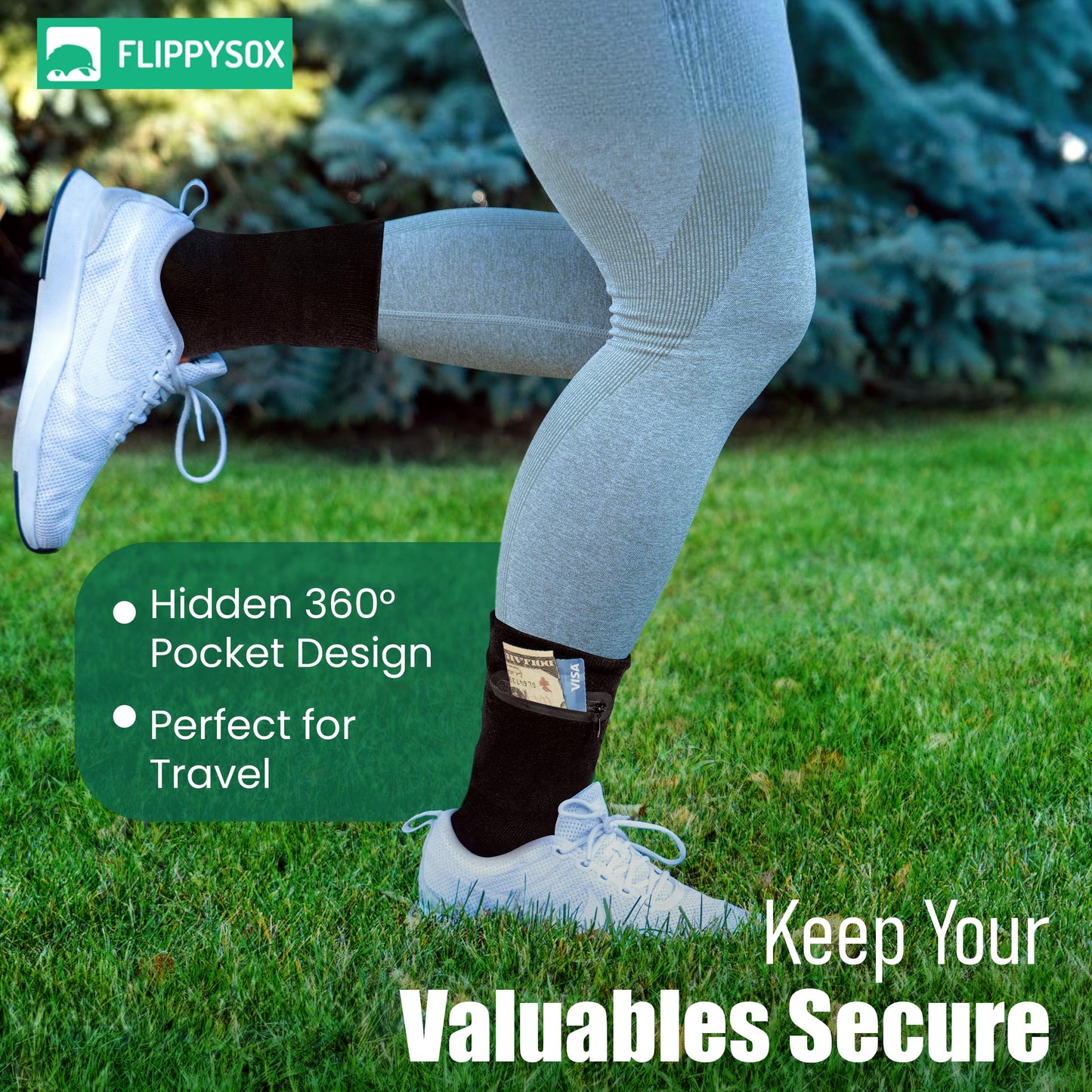 Flippysox Zipper Sock Wallet - Cotton & Polyester Zipper Socks with Pockets - Fits shoe size 6-13 (Black)