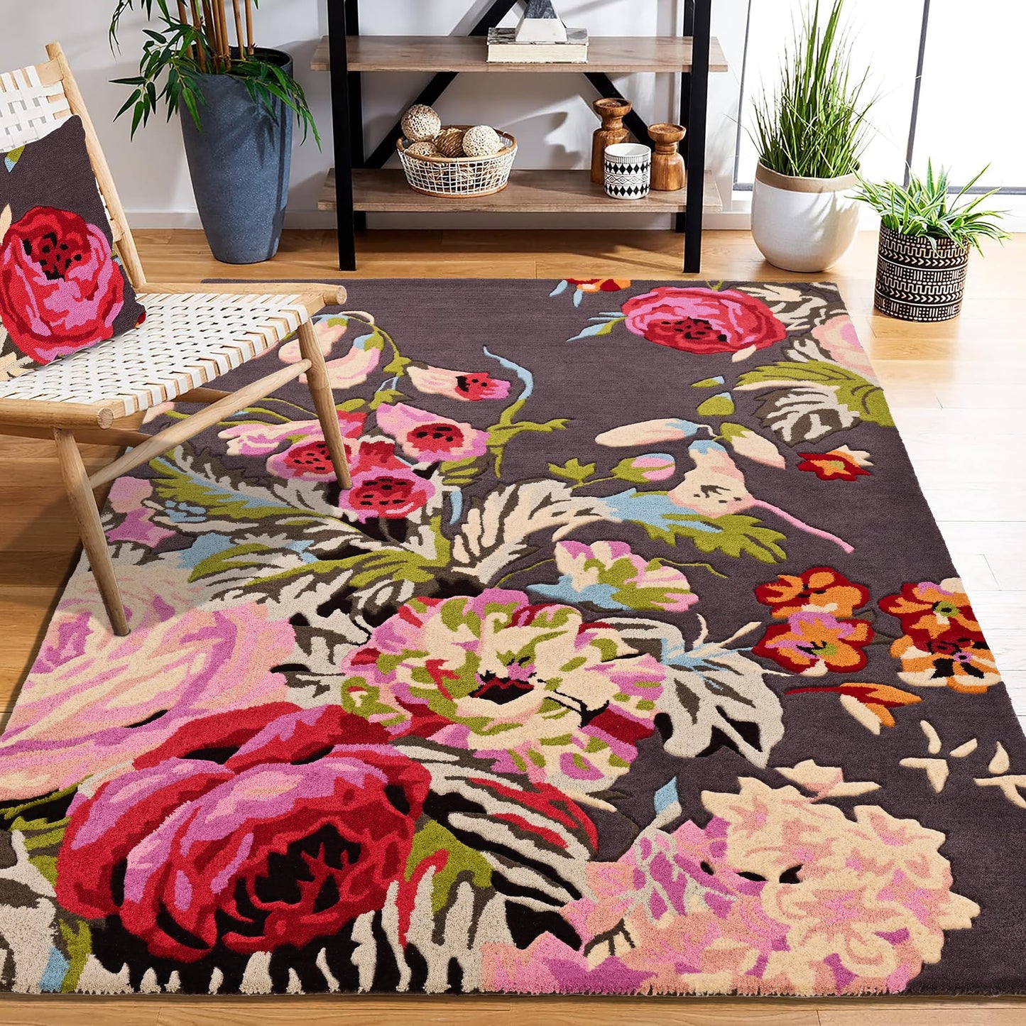 Restoration and Renovation Modern Rose Floral Wool Rug | Handmade Area Rug with Garden Colorful Flowers for Living Room Dining Room and Kitchen (Brown, 5x7 ft)