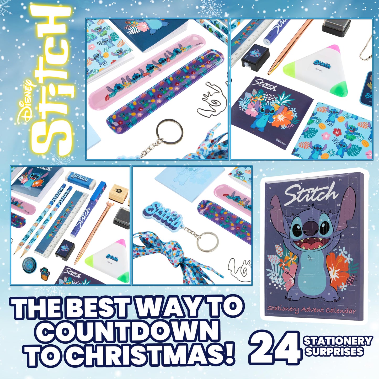 Disney Stitch Advent Calendar 2025 Stationery and Accessories Christmas Countdown Calendar with Necklace Keyring Pen Snap Bracelets Stamps (Blue Stitch Stationery)