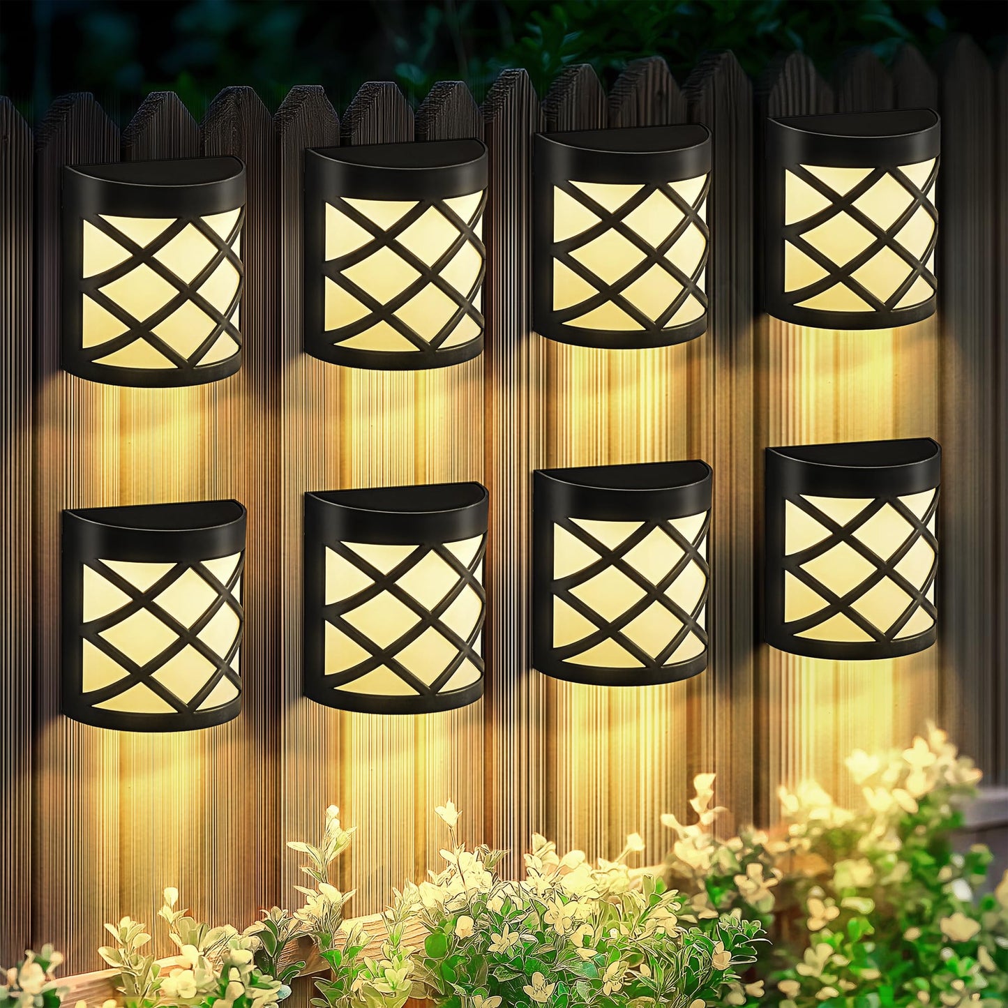 Solpex Solar Fence Lights, 8 Pack Waterproof Deck & Wall Lights - 6 LED Decorative Outdoor for Deck, Patio, Stairs, Yard, Path & Driveway (Warm White)