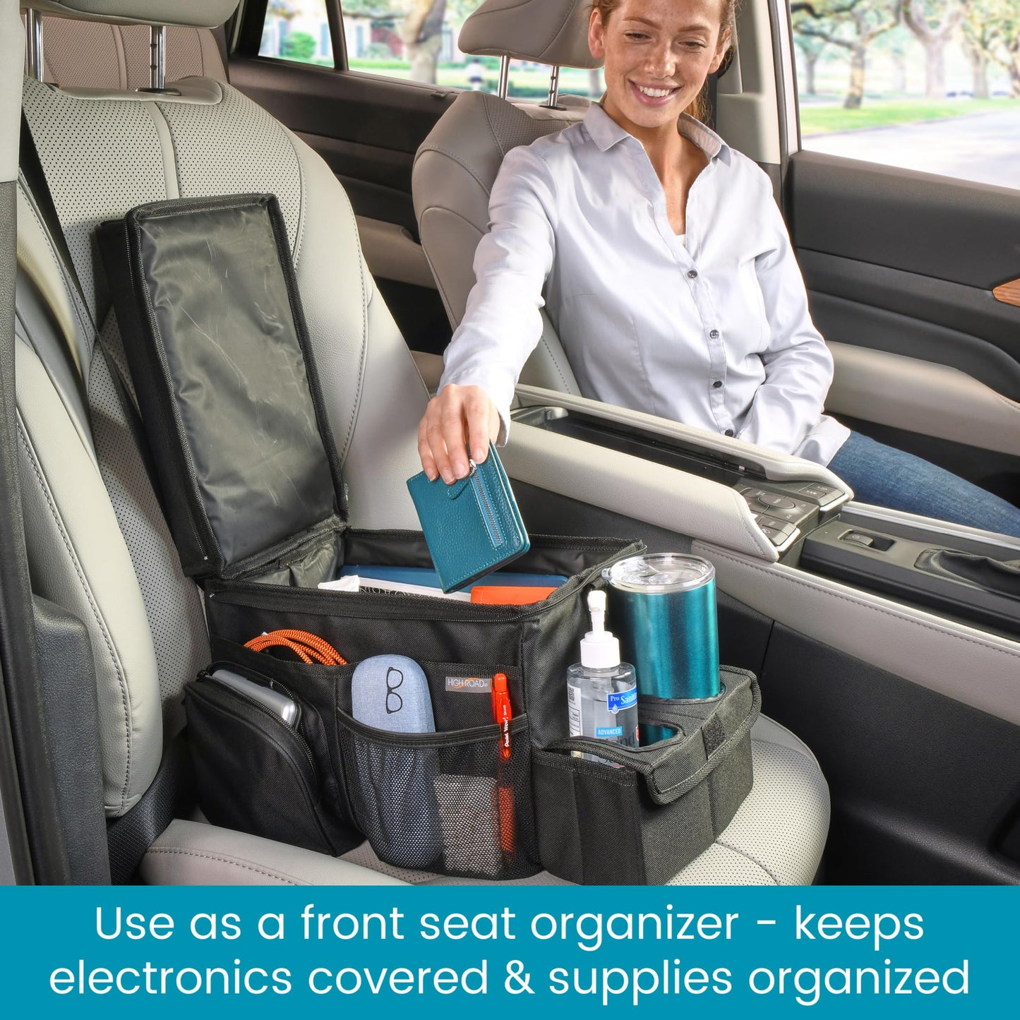 High Road CarHop Car Seat Organizer for the Front or Back Seat for Kids and Adults with Cup Holder Tray, Side Pockets and Cooler Compartment