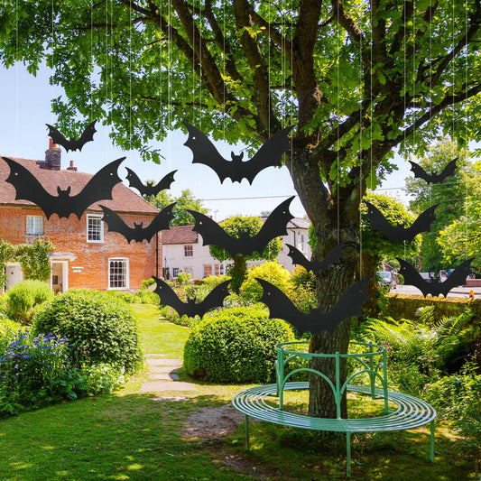 12 Pcs Hanging Bats Halloween Decoration Outside Pumpkin Skeleton Spider Outdoor Lawn Decorations 3 Different Size Realistic Ghost for Hanging in The Tree Porch Yard Lawn Indoor (Bat)