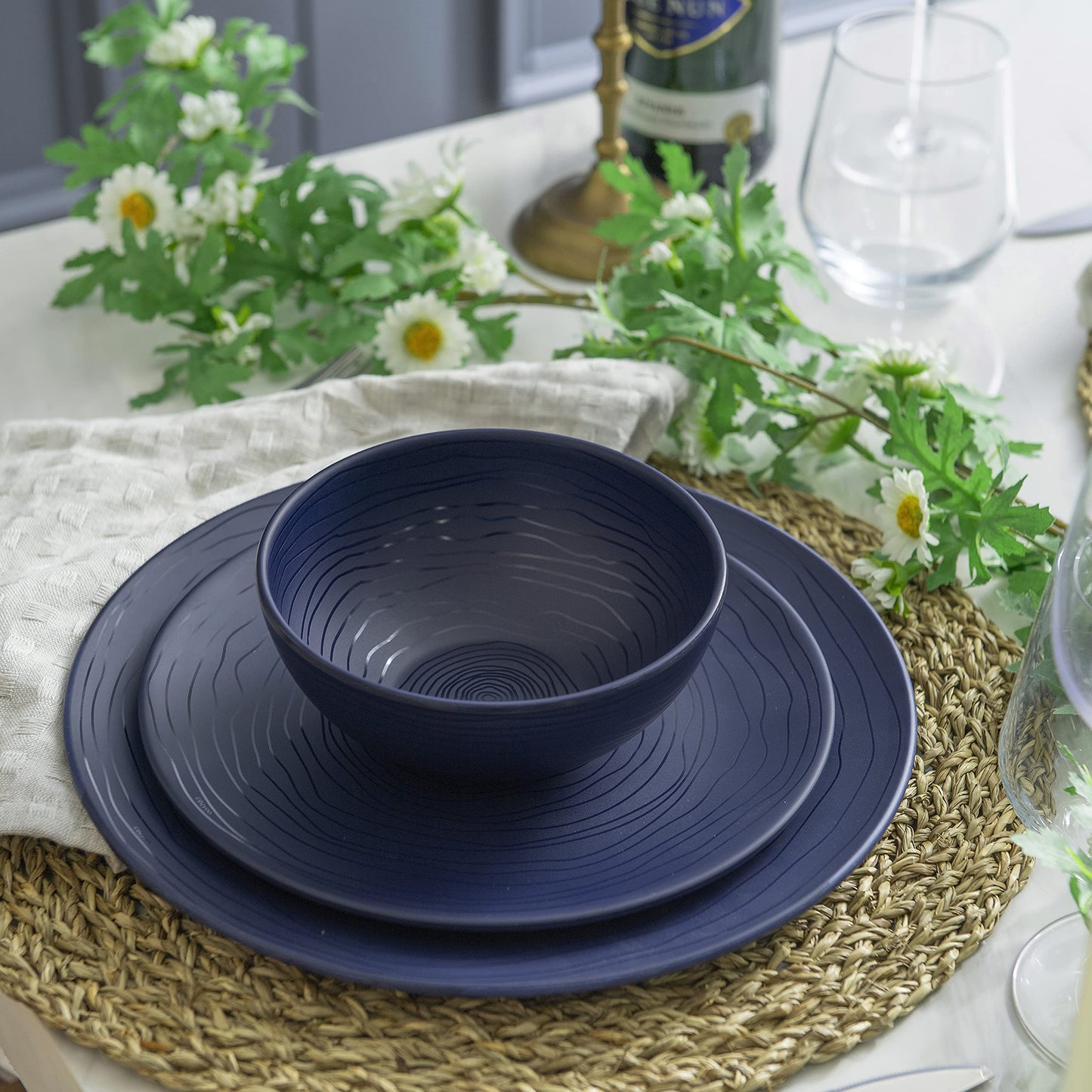 Bzyoo 12 Piece Melamine Dinnerware Set - Durable, Dishwasher Safe, Organica Navy Blue Plates and Bowls Sets Casual Dish Set for Dining, Outdoor and Kitchen