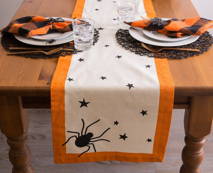 DII Halloween Tabletop Collection Bold Black Stars/Spooky Spider with Orange Border on Off-White Natural Background, Machine Washable, 14x72 Table Runner
