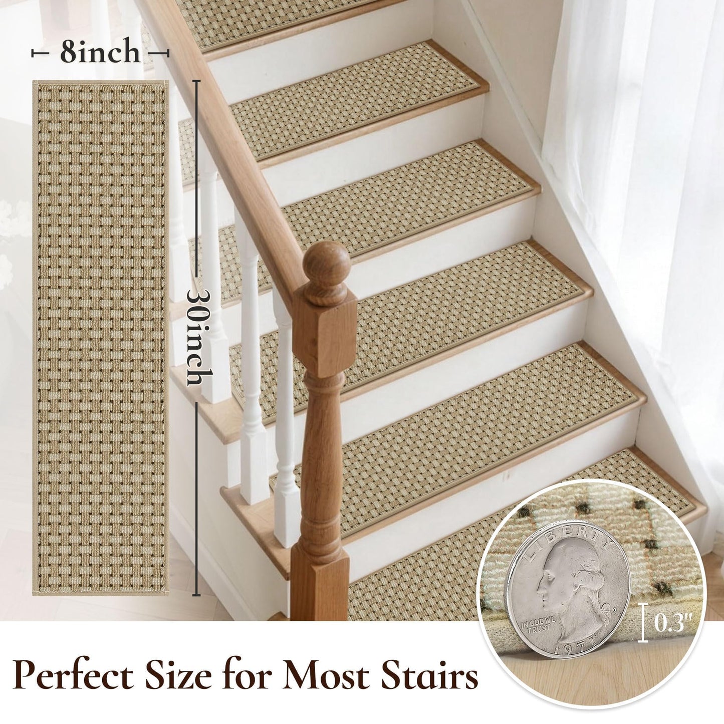 FLOORHUG Stair Treads for Wooden Steps Non-Slip Machine Washable Carpet Stair Treads 8"X30" Soft Indoor Stair Rug Runner for Kids Elders and Pets, 100% Polyester, TPE Backing, 15pcs, Beige/White