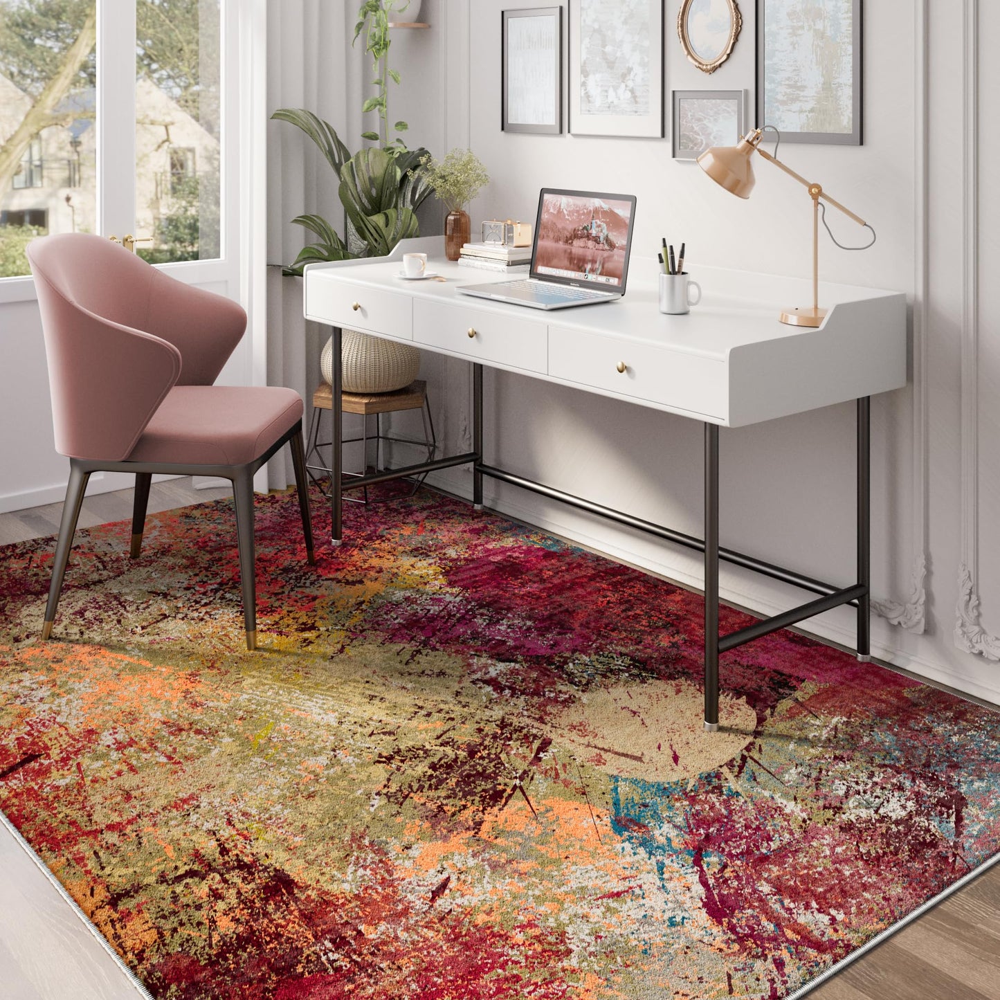 Arbosofe Modern Abstract Rug for Living Room, 5'x7' Washable Area Rug with Non-Slip Backing & Short Pile, Large Carpet with Abstract Pattern for Living Room Bedroom and Dining Floor Carpet Red Orange