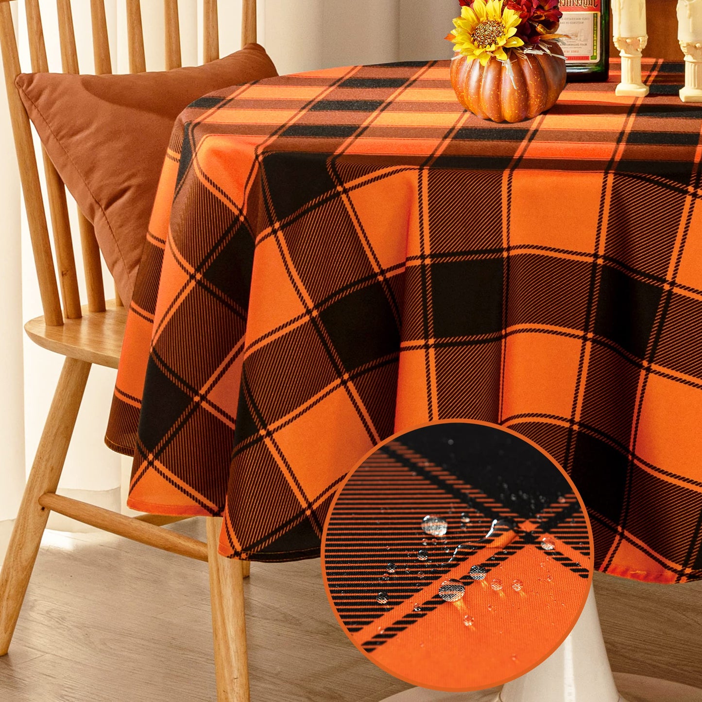 MikiUp Checkered Round Halloween Tablecloth - Waterproof, Wrinkle Resistant and Washable Gingham Table Cloth Decorative Table Cover for Party, Orange/Black 60 Inch
