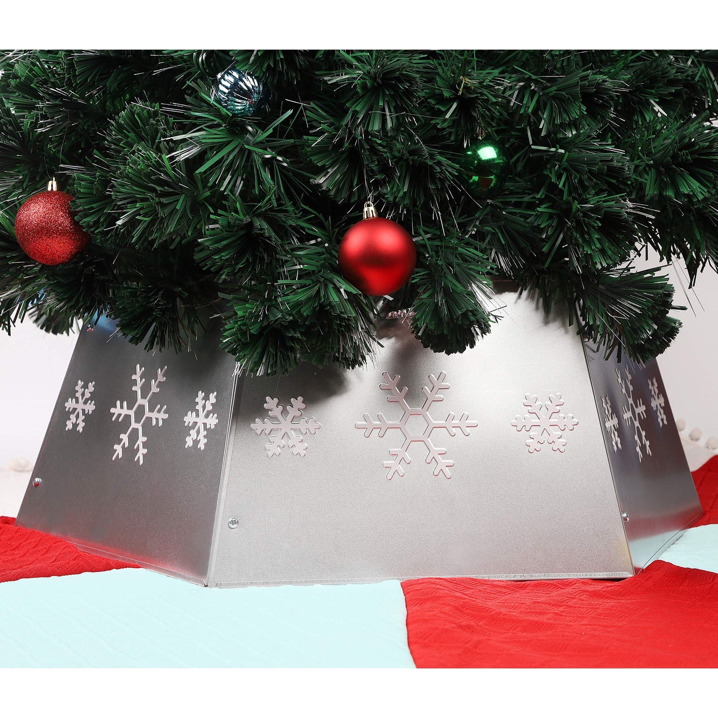 Blissun Metal Christmas Tree Ring, Christmas Tree Collar with Printed Snowflake, Willow Tree Skirt Base Stand for Christmas Tree Decorations (Silver)