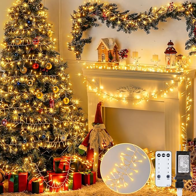 JMEXSUSS Warm White Christmas Lights Indoor, 20ft 400 LED Cluster Lights Christmas Outdoor with Remote, 8 Modes Plug in Christmas Tree Lights for Christmas Tree Wreath