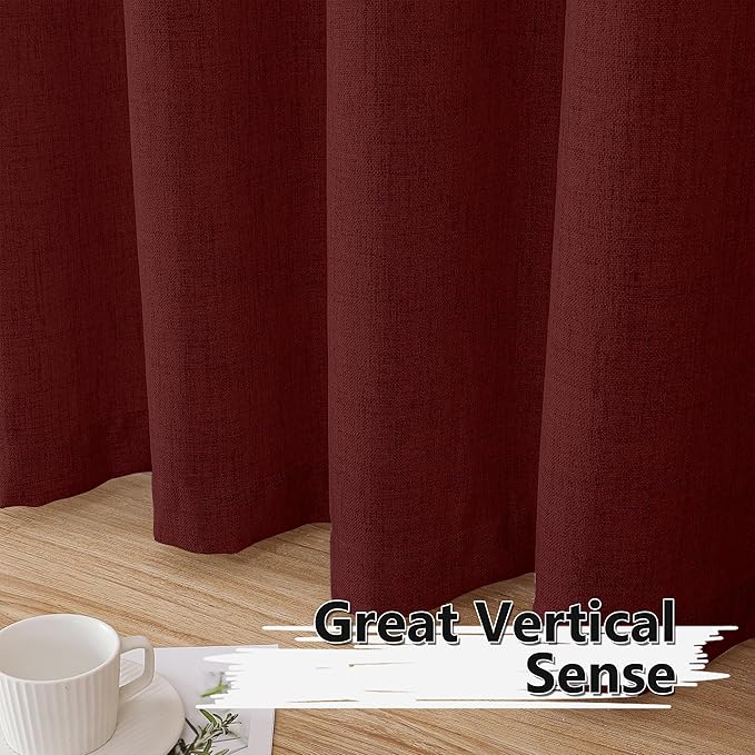Tollpiz Short Linen Curtains Bedroom Rod Pocket Semi Sheer Curtain Burlap Light Filtering Thick Linen Drapes for Living Room, 38 x 45 inches Long, Burgundy Red, Set of 2 Panels