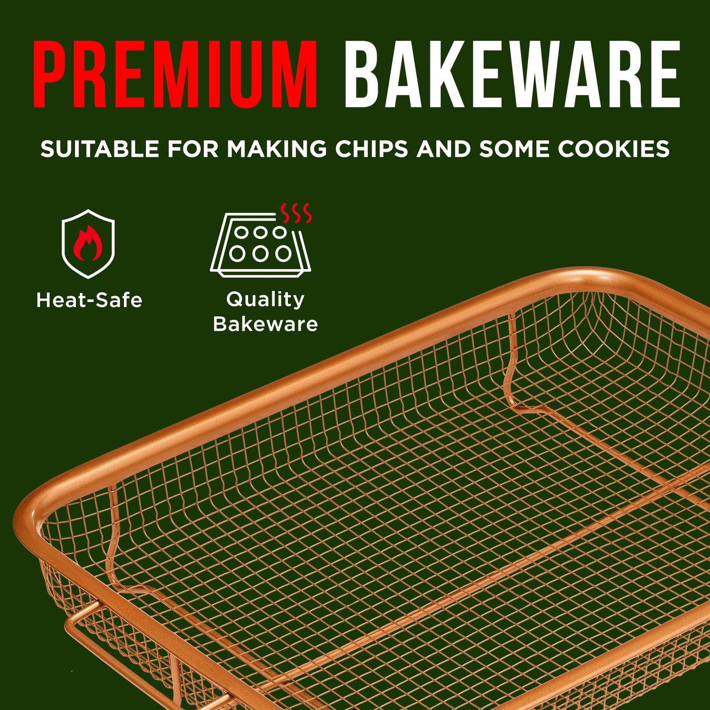Bakken- Swiss Air Fryer Tray Basket w/Elevated Mesh Great For Oven, For Baking & Crispy Foods, Dishwasher Safe,PTFE/PFOA/PFOS FREE Extra-large 9.5/''x13/'',Copper
