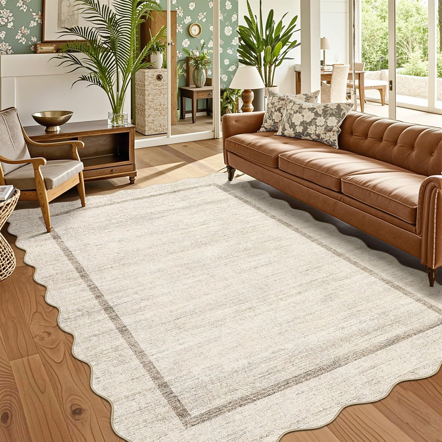 GarveeHome Scalloped Large Living Room Area Rug 6x9 - Machine Washable Modern Rugs Bordered Neutral Rug Non-Shedding Low Pile Farmhouse Carpet for Bedroom Nursery Classroom Dorm 6 ft x9 ft Beige