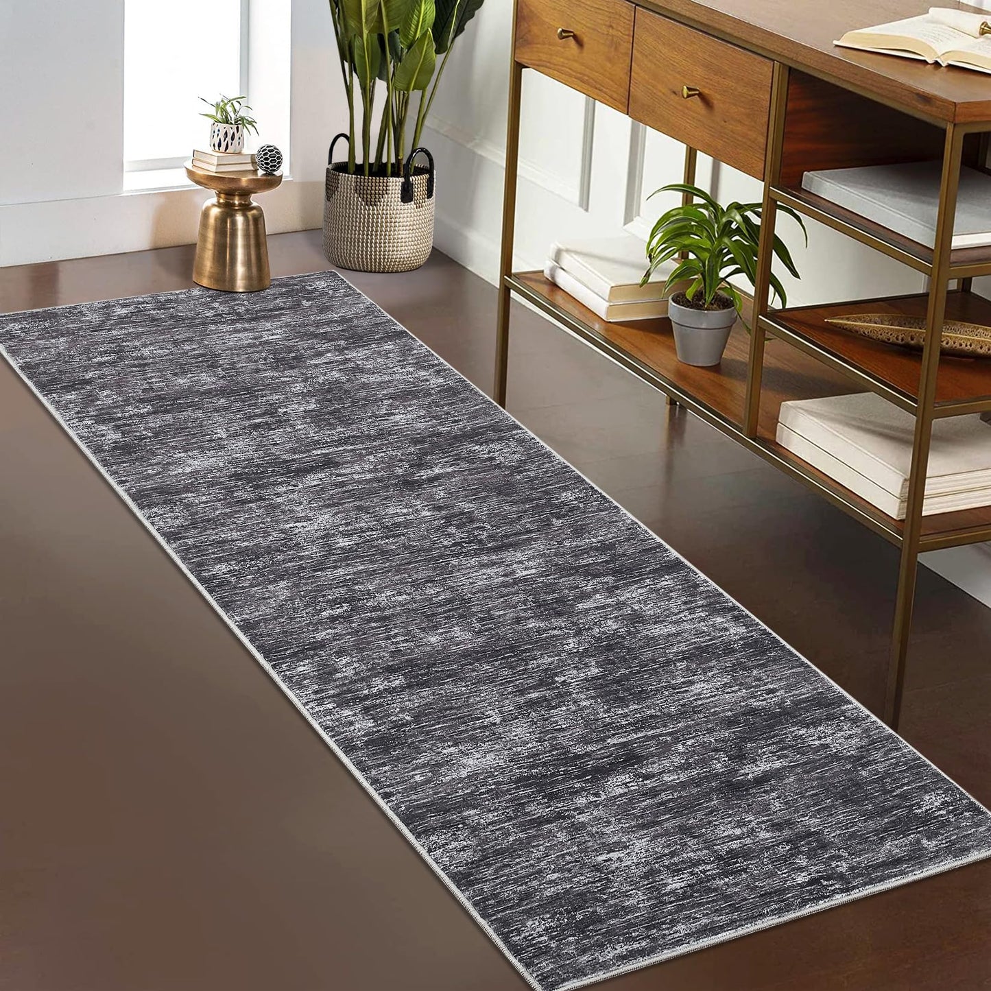 RUGSREAL 2x6 Runner Rug Washable Kitchen Runner Rug Modern Abstract Runner Mat for Hallway Contemporary Solid Rug Non-Slip Foldable Aesthetic Accent Floor Carpet for Living Room Bedroom, Dark Grey