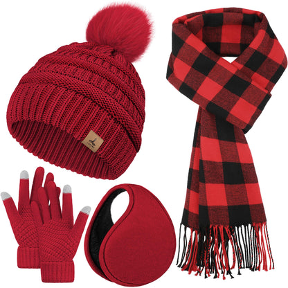 Winter Hat Scarf Gloves and Ear Warmer, Knit Warm Beanie Hat Touch Screen Gloves Long Knitted Plaid Scarf Set Gifts for Women Red