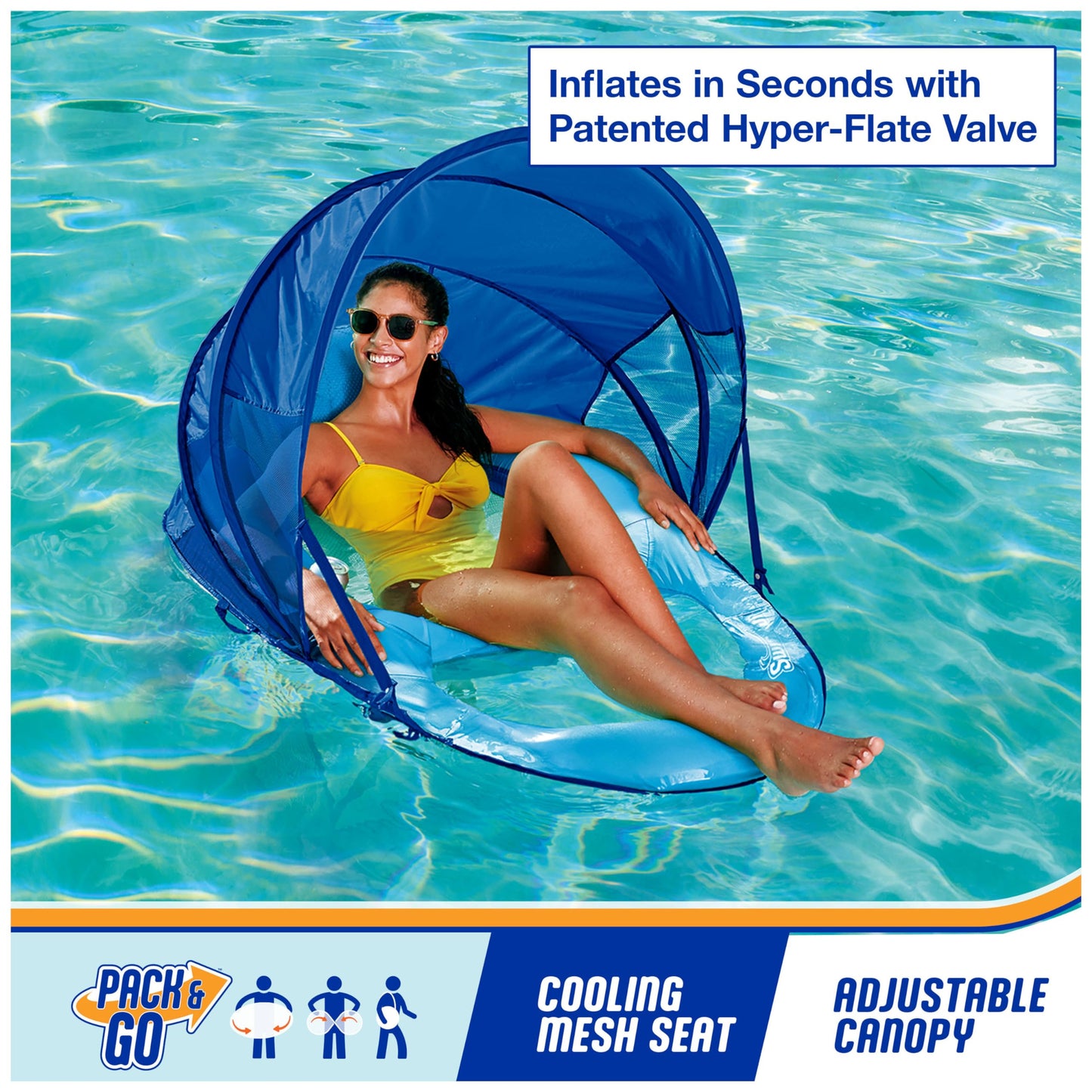 SwimWays Spring Float Premium Recliner Pool Lounge Chair with Adjustable Canopy and Hyper-Flate Valve, Blue