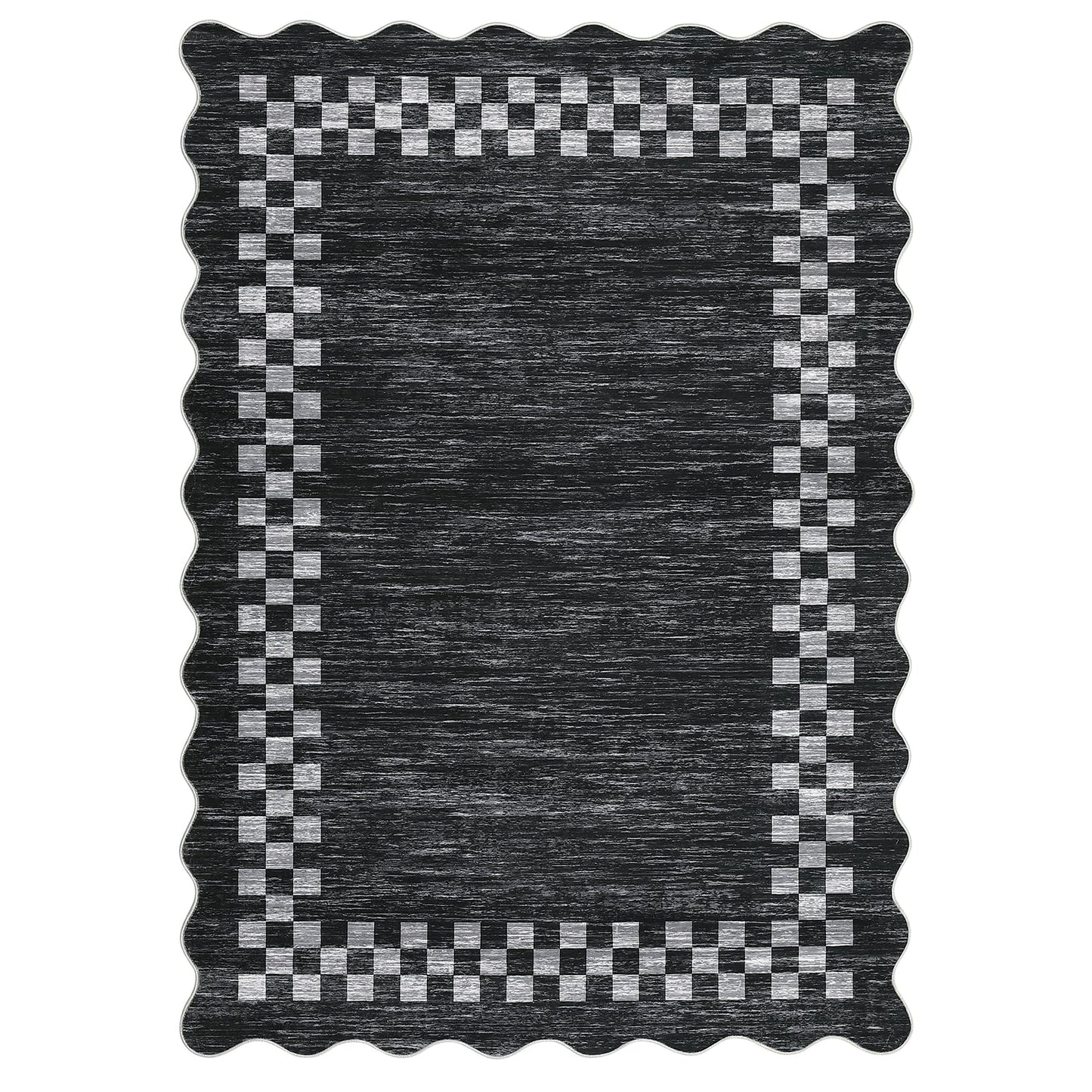 Small Area Rug 2x3 Modern Checkered Entry Rug Solid Color Scalloped Kitchen Rugs Washable Bedroom Doormat Non Slip Stain Resistant Bordered Throw Carpet for Living Room Nursery Laundry, Grey