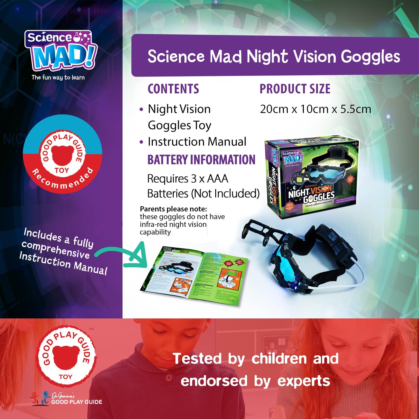 Science MAD! Night Vision Goggles For Kids - For Fun Night Missions - Lightweight, Flip Out Scope, 2x Magnification, Twin LED Beams, Blue Lenses, 6+ Years, ‎20 x 10 x 5.5 cm (SM55) , Black